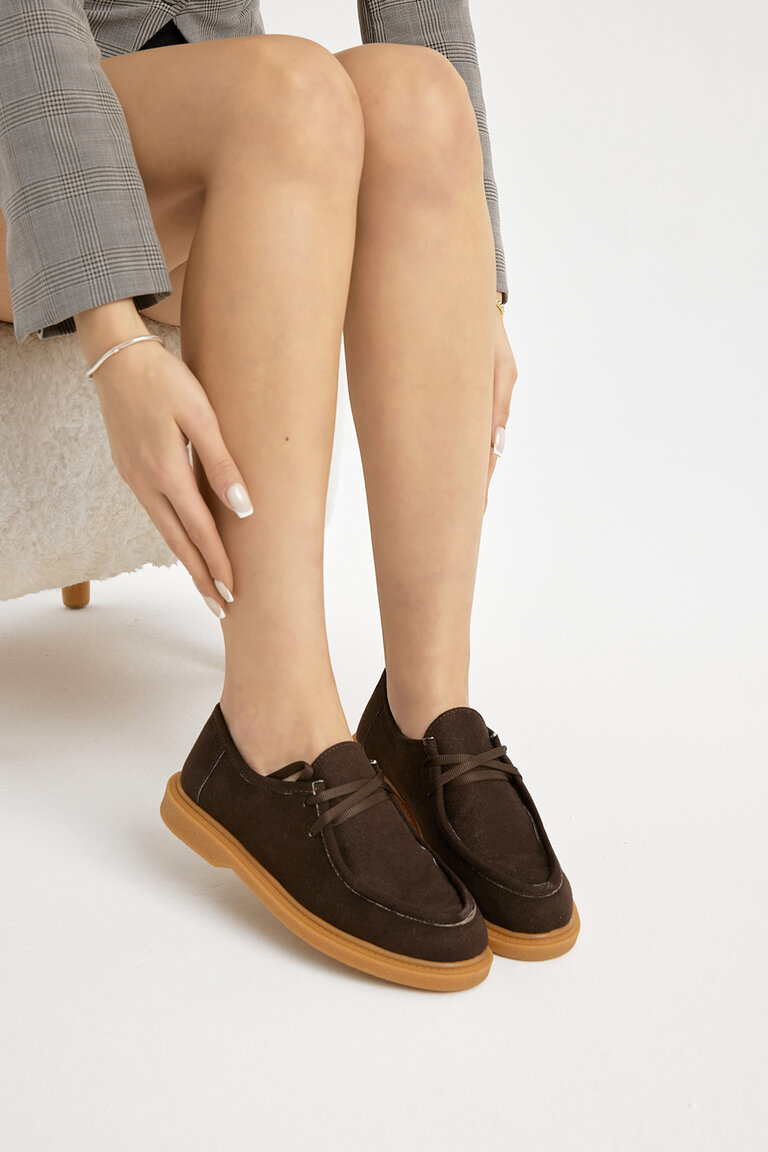 Kadın Kahve Termo Taban Süet Görünümlü Bağcıklı Günlük Loafer