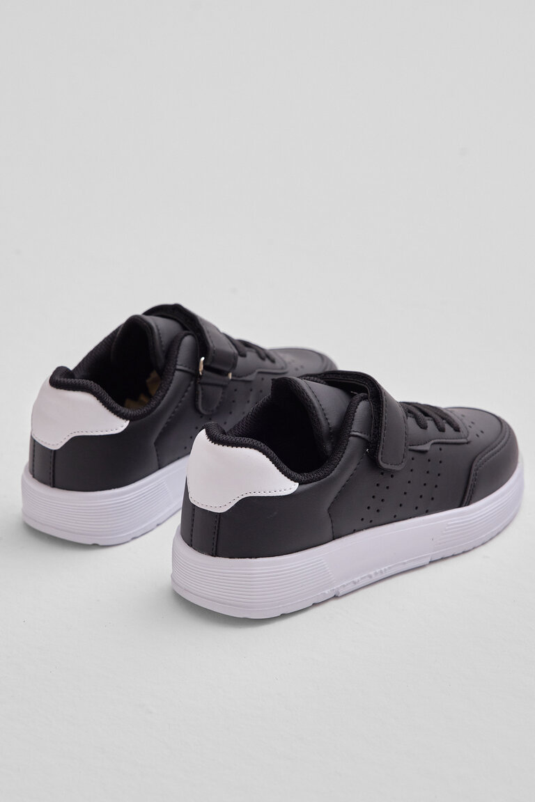 Çocuk Unisex Siyah Beyaz Faylon Hafif Taban Bağcıklı Günlük Spor Ayakkabı