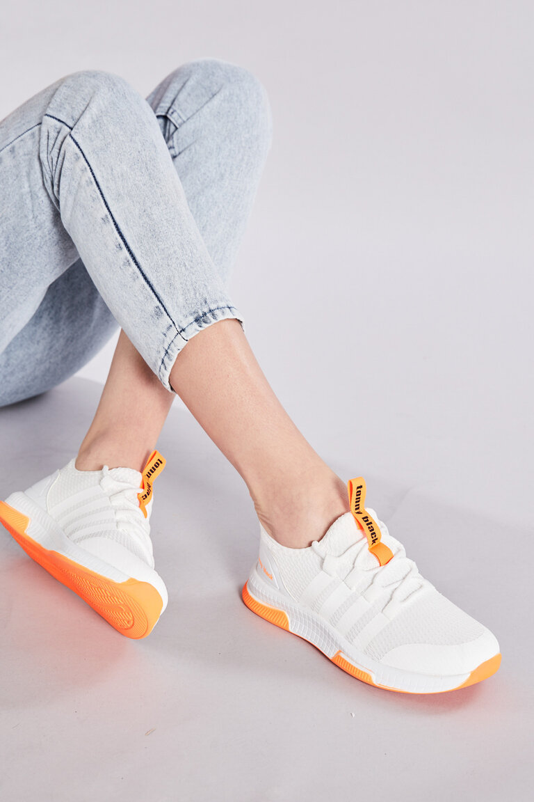 Unisex Beyaz Oranj Rahat Kalıp Şeritli Bağcıklı Spor Ayakkabı