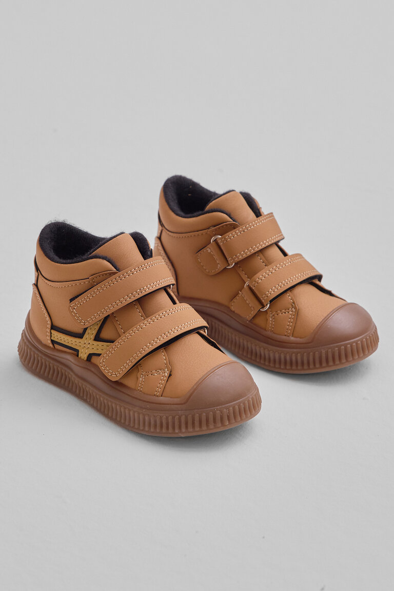 Çocuk Unisex Camel Esnek Termo Taban Çift Cırtlı Şerit Desenli Spor Kısa Bot