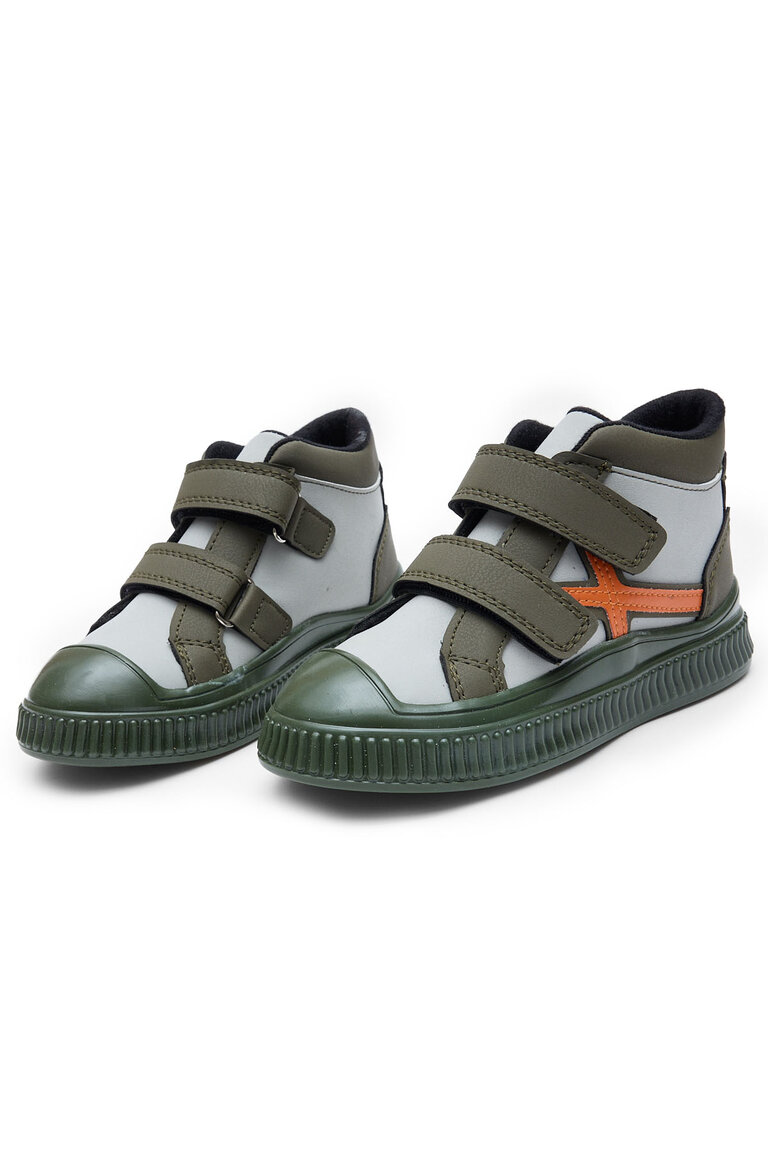 Çocuk Unisex Haki Esnek Termo Taban Çift Cırtlı Şerit Desenli Spor Kısa Bot