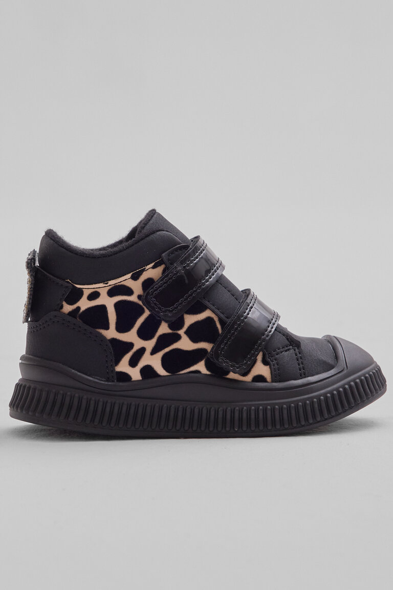Çocuk Unisex Siyah Leopar Esnek Termo Taban Çift Cırtlı Şerit Desenli Spor Kısa Bot