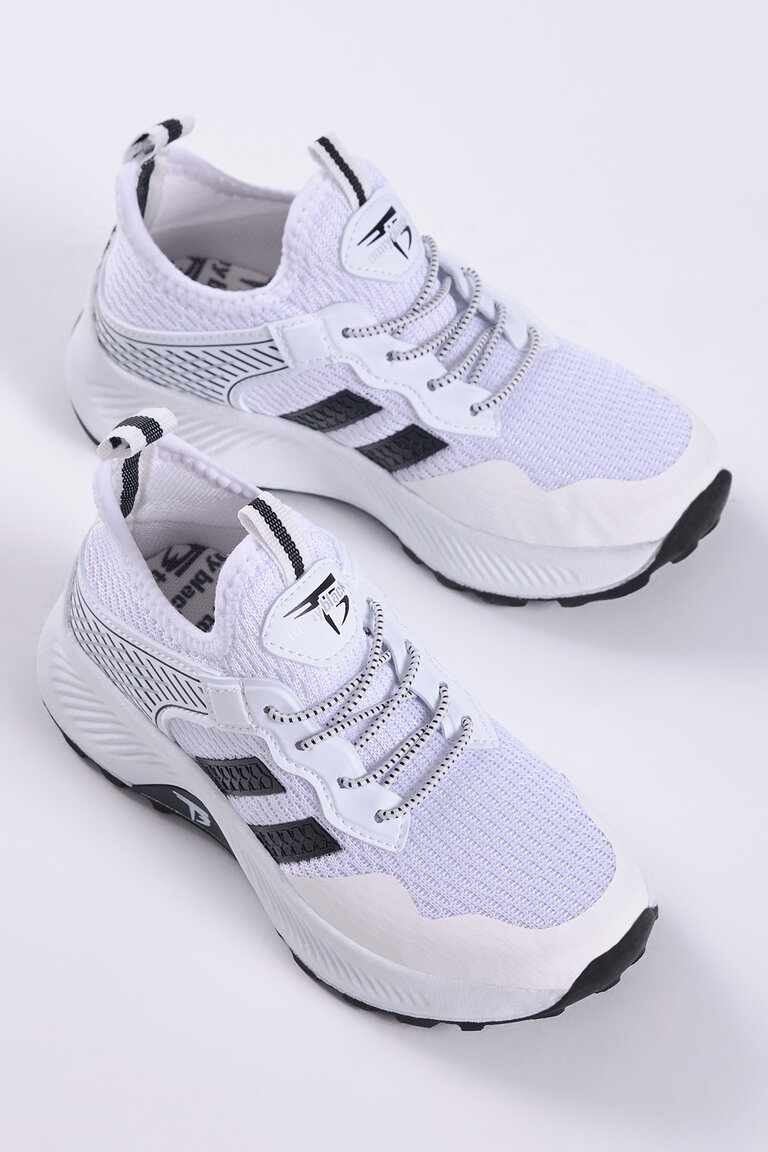 Çocuk Unisex Beyaz Siyah Rahat Kalıp Nefes Alabilen Kumaş Bağcıklı Sneaker