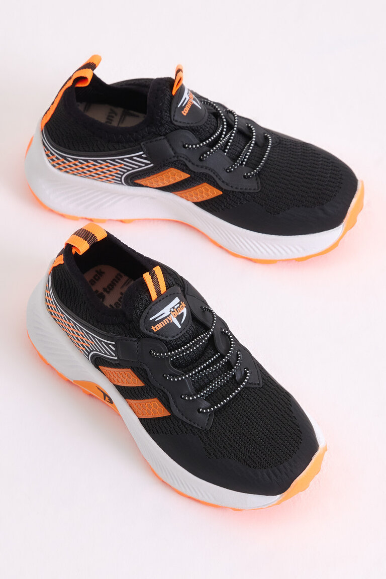 Çocuk Unisex Siyah Oranj Rahat Kalıp Nefes Alabilen Kumaş Bağcıklı Sneaker