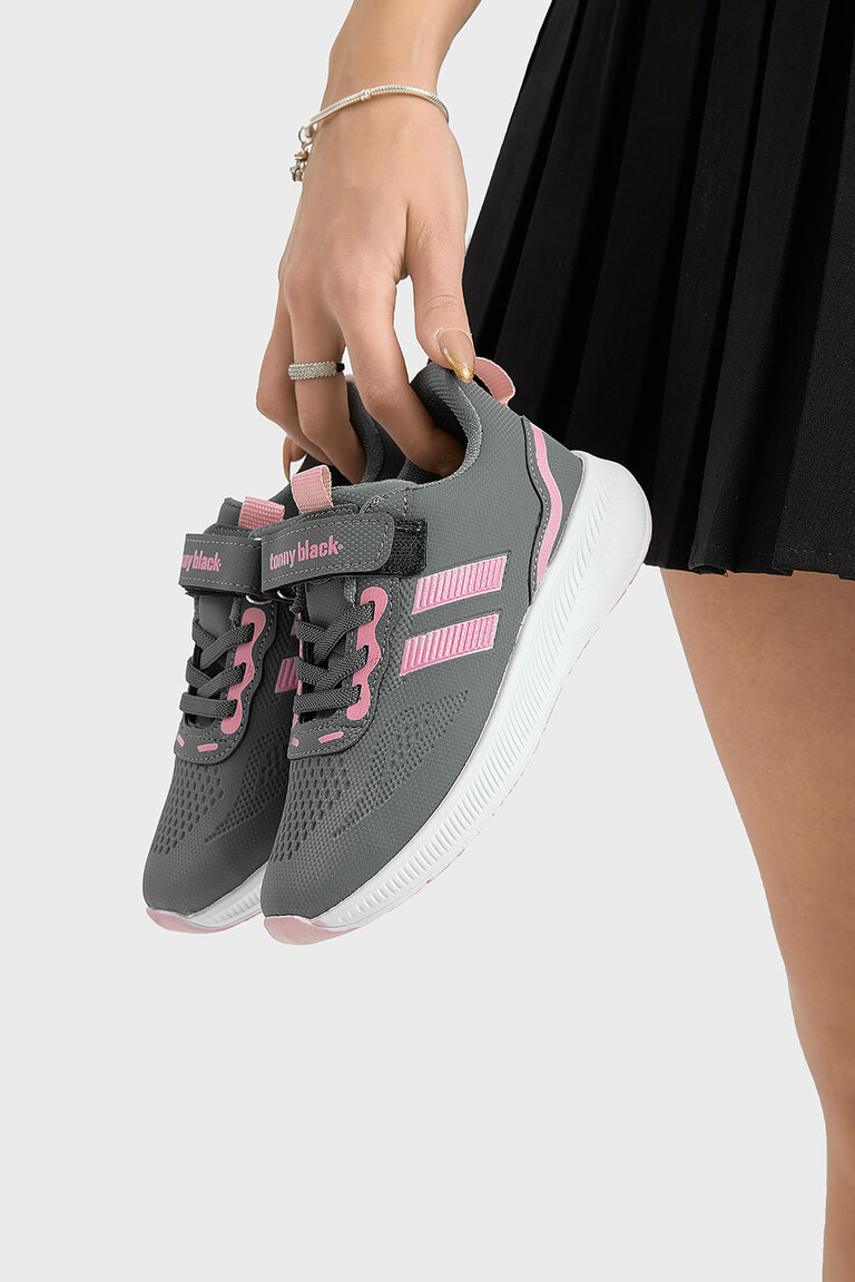Çocuk Unisex Füme Pembe Eva Taban Yanı Şeritli File Detaylı Cırtlı Spor Ayakkabı