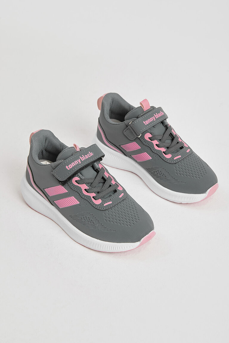 Çocuk Unisex Füme Pembe Eva Taban Yanı Şeritli File Detaylı Cırtlı Spor Ayakkabı