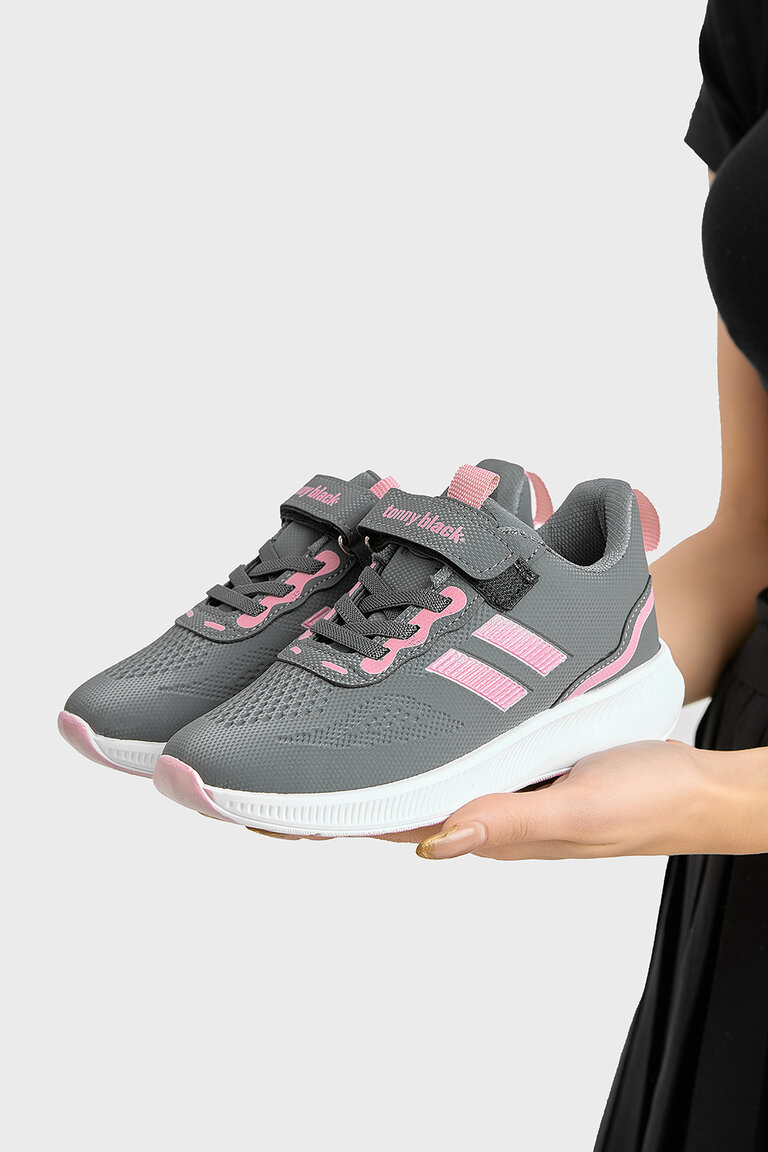 Çocuk Unisex Füme Pembe Eva Taban Yanı Şeritli File Detaylı Cırtlı Spor Ayakkabı