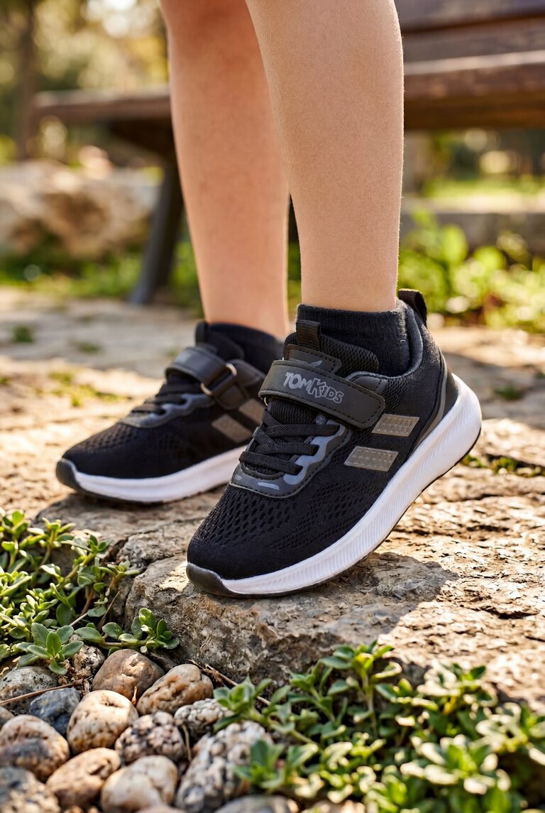 Çocuk Unisex Siyah Füme Rahat Kalıp Nefes Alabilen Cırtlı Bağcıklı Sneaker