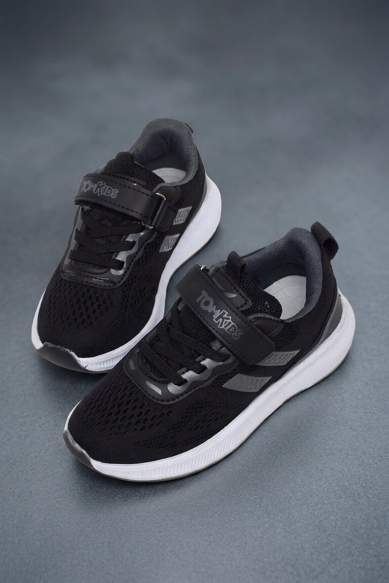 Çocuk Unisex Siyah Füme Rahat Kalıp Nefes Alabilen Cırtlı Bağcıklı Sneaker